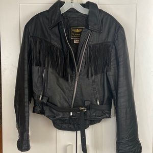 Vtg US Made Co Black Leather Fringe Moto Biker Jacket Women Talon Zipper sz 18